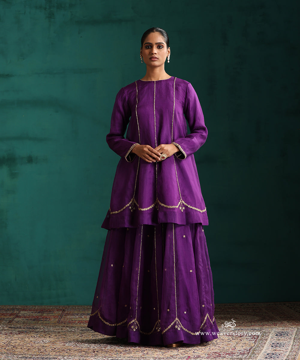 Pure Handwoven Organza Purple Short Anarkali Kurta and Lehenga 