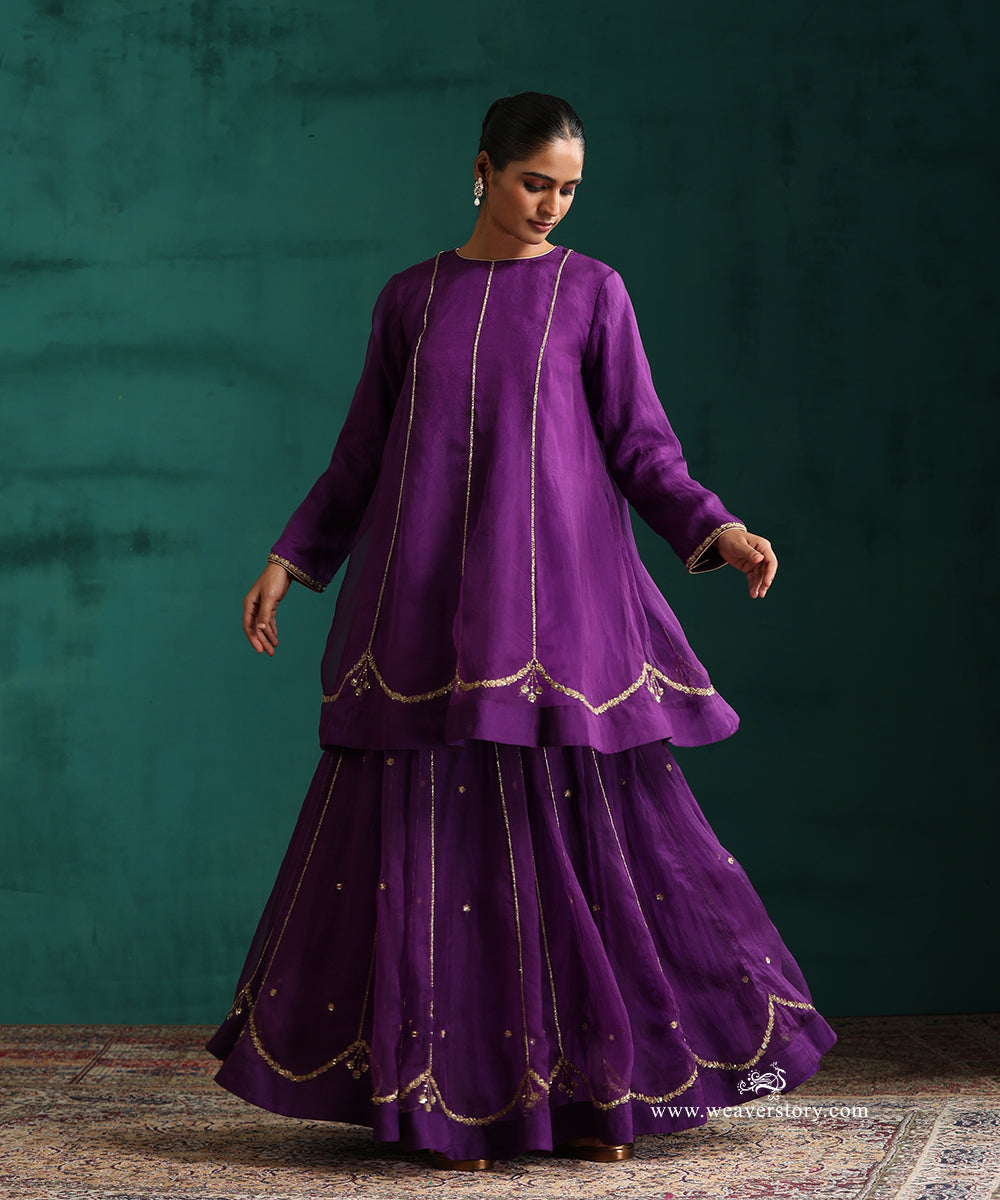 Pure Handwoven Organza Purple Short Anarkali Kurta and Lehenga 
