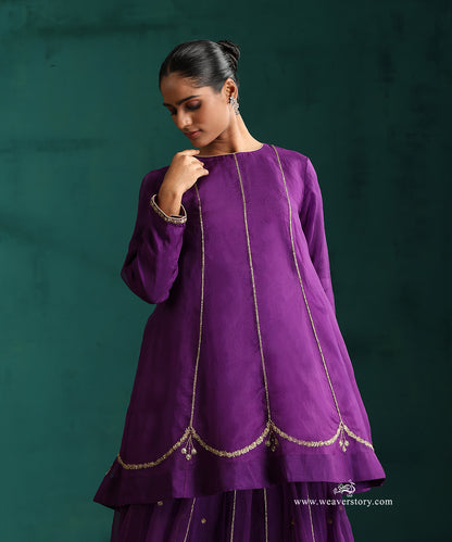Pure Handwoven Organza Purple Short Anarkali Kurta and Lehenga 