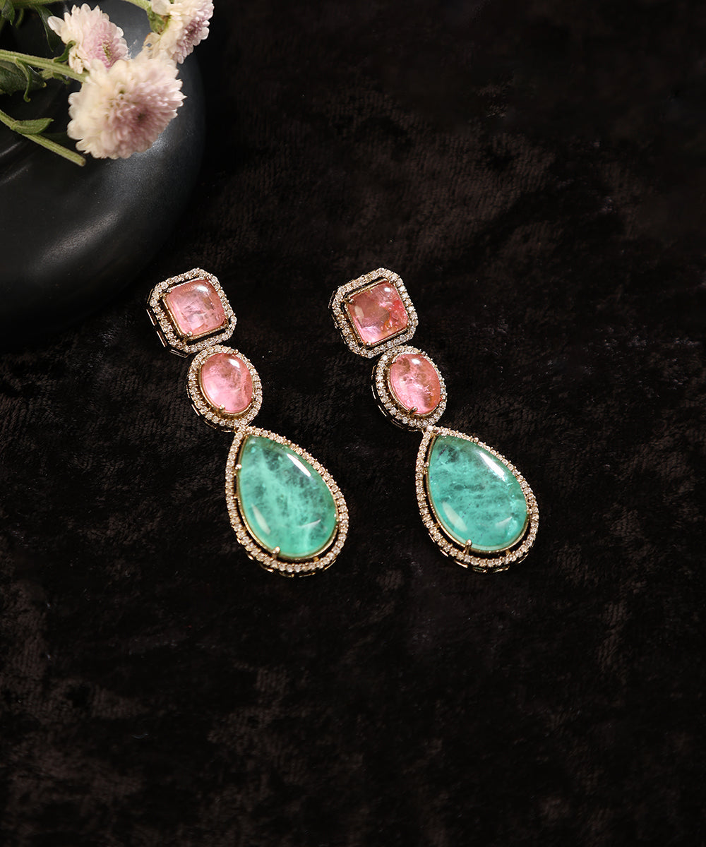 Rishvi_Handcrafted_Pink_And_Green_Earrings_With_Semi_Precious_Stones_WeaverStory_01