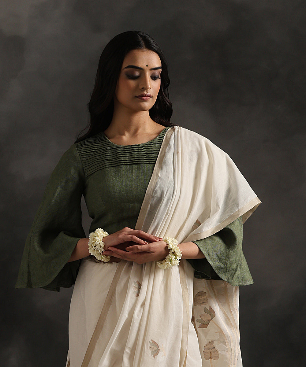 Green Handloom Pure Linen Stitched Blouse With Pin Tuck Detailing