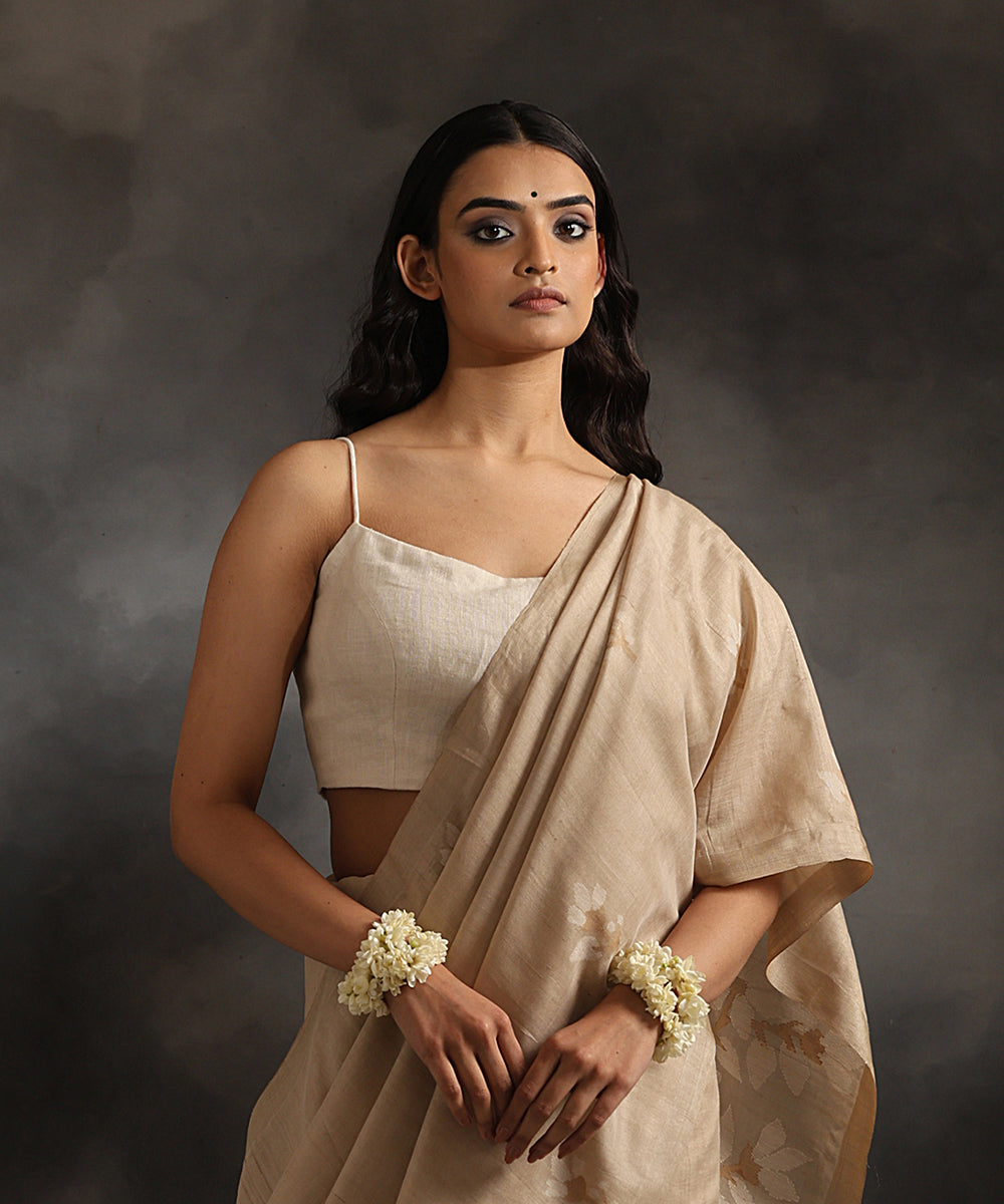 Offwhite Handloom Pure Linen Stitched Blouse With Straps Blouses/ Crop Tops