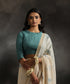 Aqua Blue Handloom Pure Linen Blouse With Ruffled Neck Detailing Blouses/ Crop Tops