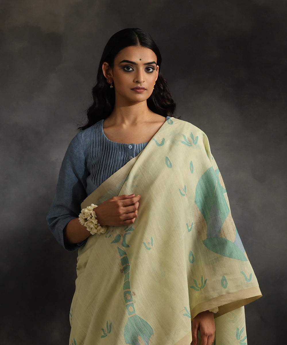 Handloom Blue Pure Linen Stitched Blouse With Pearl Detailing