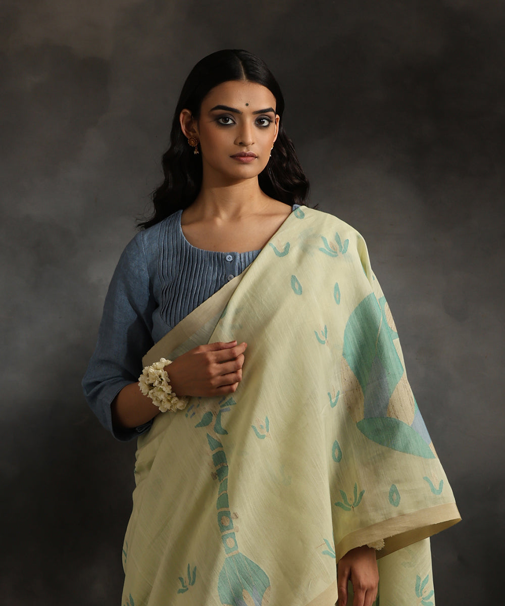 Handloom Blue Pure Linen Stitched Blouse With Pearl Detailing Blouses/ Crop Tops