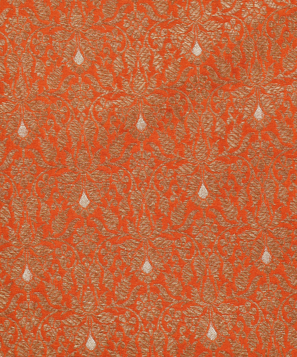 Orange_Handloom_Pure_Katan_Silk_Kimkhab_Banarasi_Fabric_In_Antique_Zari_With_Mughal_Motifs_WeaverStory_03