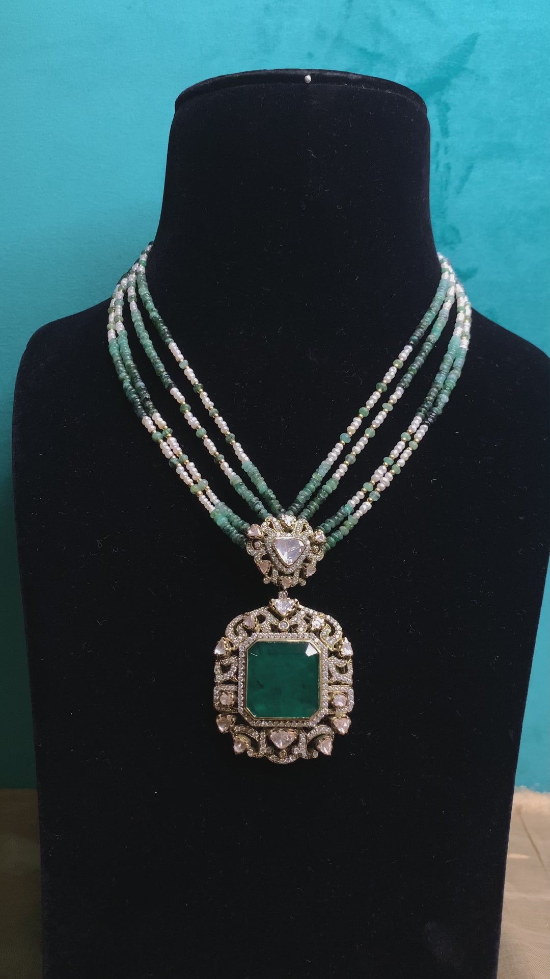Agira Handcrafted Pure Silver Pendant Necklace With Emeralds And Moissanite Polki