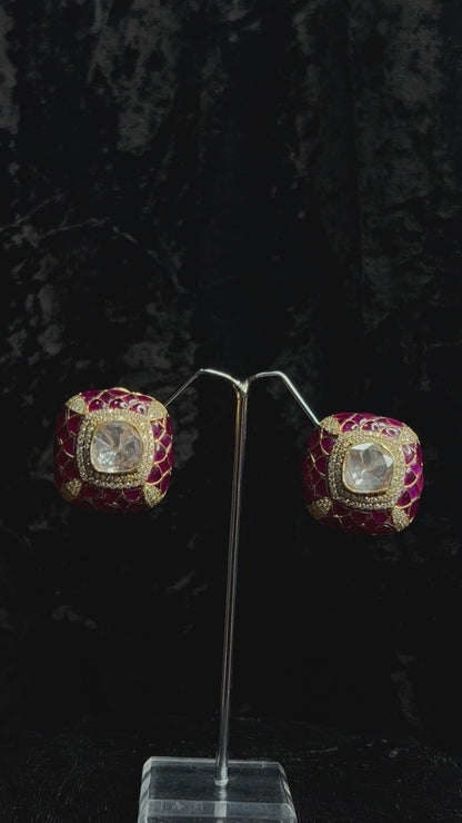 Roohi Handcrafted Pure Silver Moissanite Polki Studs With Ruby