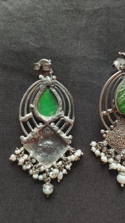 Raees Handcrafted Oxidised Pure Silver Jade Earrings