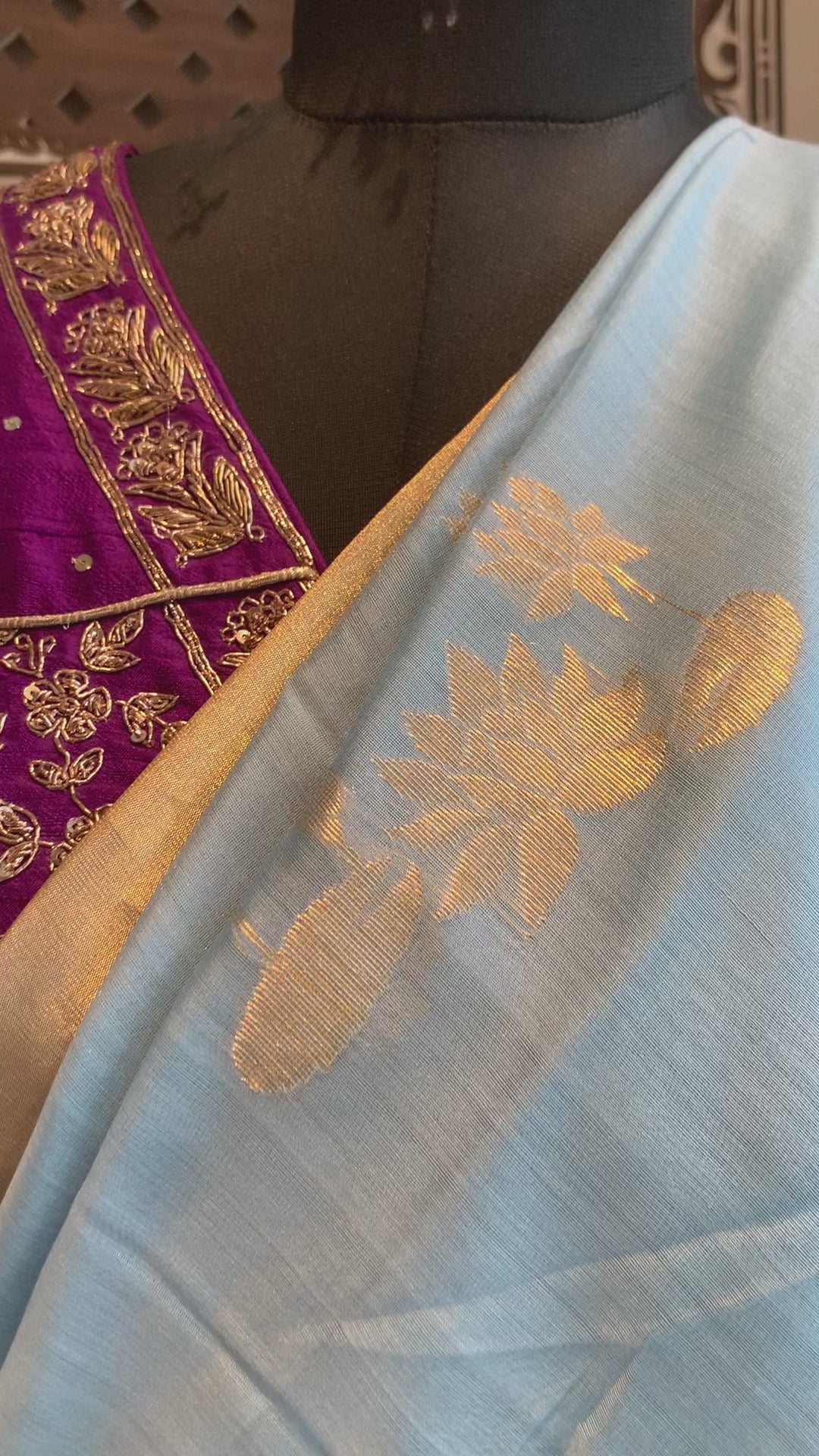 Sky Blue Handloom Lotus Motif Cotton Silk Chanderi Saree
