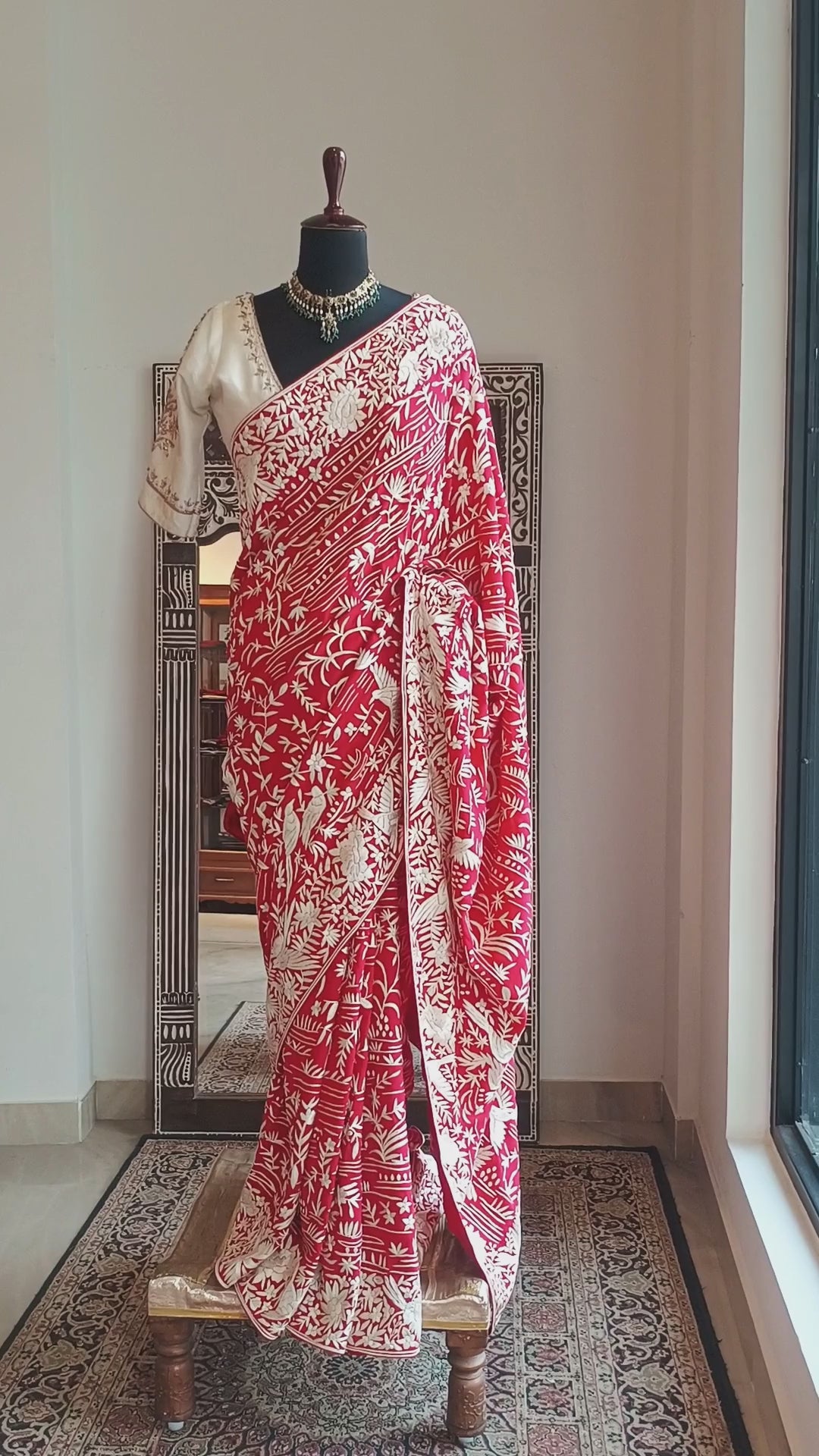 Red Pure Crepe Silk Parsi Gara Saree With Ivory Hand Embroidery
