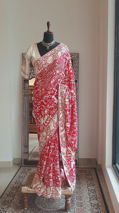 Red Pure Crepe Silk Parsi Gara Saree With Ivory Hand Embroidery
