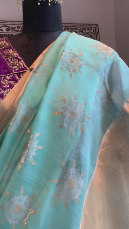 Firozi Blue Handloom Sunflower Motif Jaal Cotton Silk Chanderi Saree