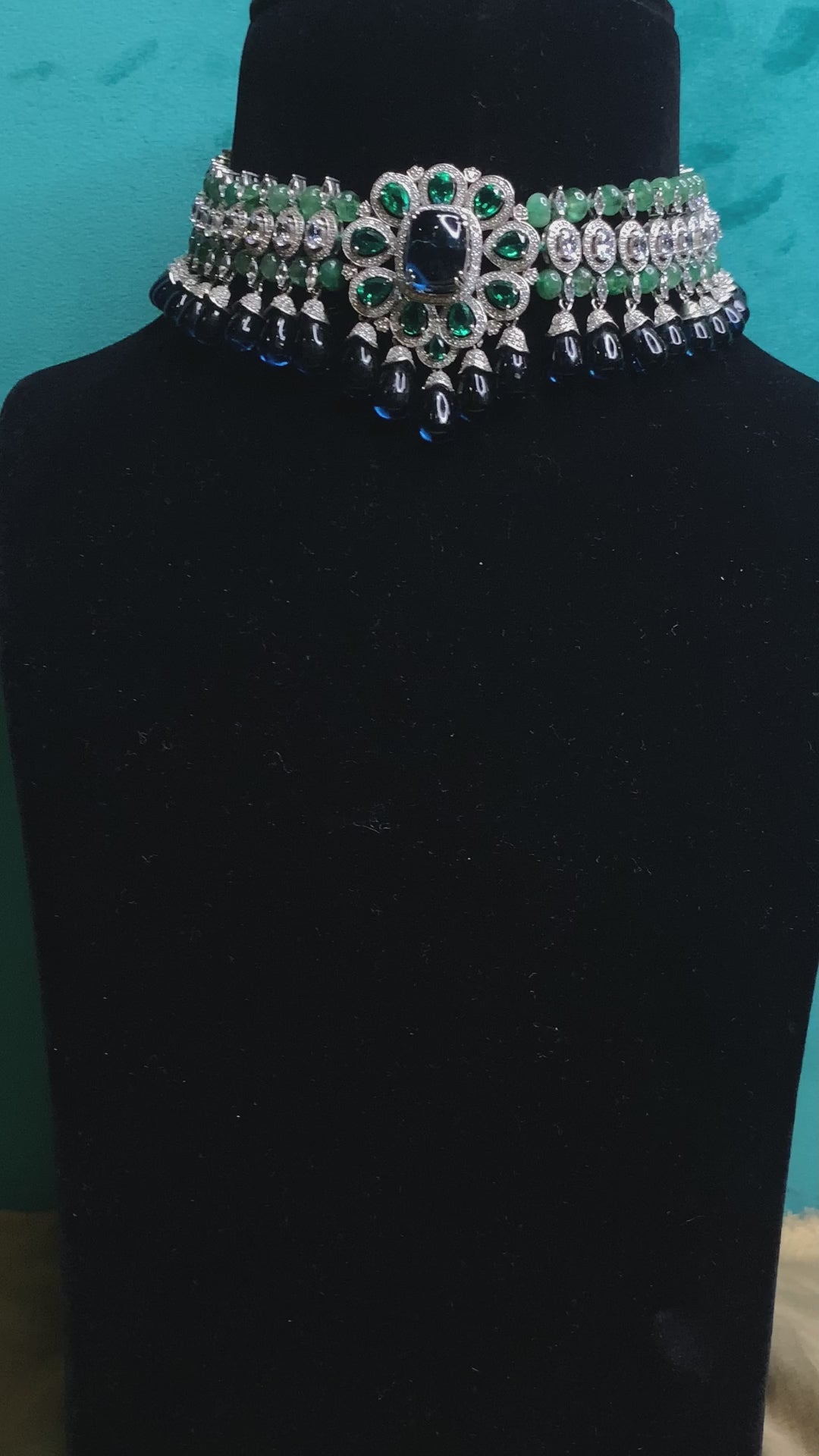 Mourya Handcrafted Swarovski Necklace Set With Emeralds