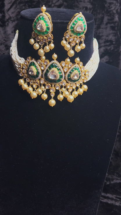 Aalaya Handcrafted Pure Silver Moissanite Polki Necklace Set With Emeralds And Pearl Hangings