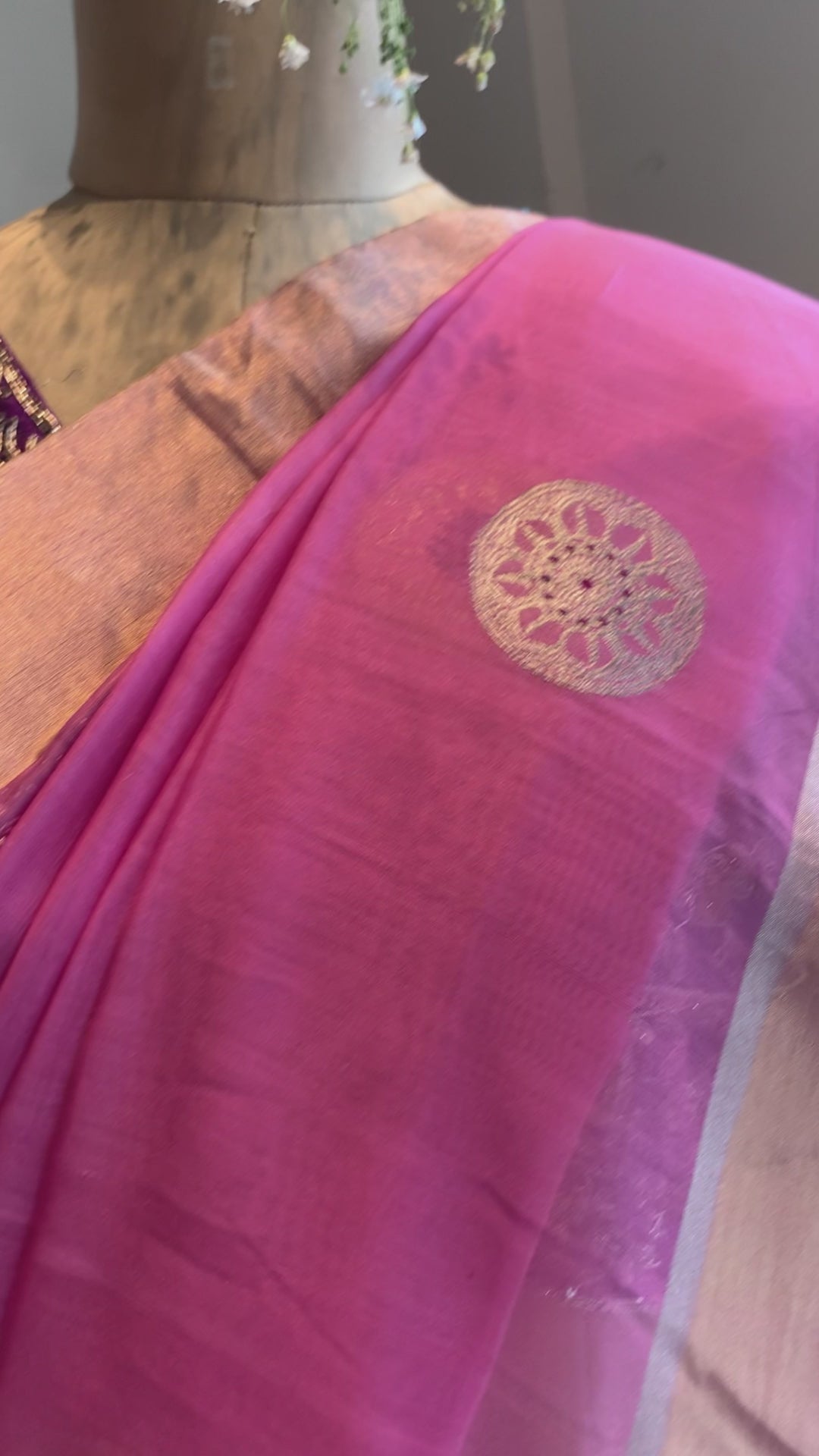 Pink Handloom Chakra Motif Cotton Silk Chanderi Saree