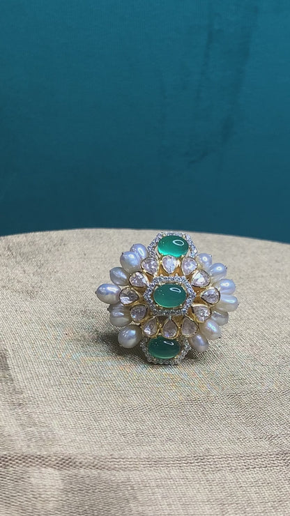 Jayde Handcrafted Pure Silver Ring With Emeralds And Moissanite Polki