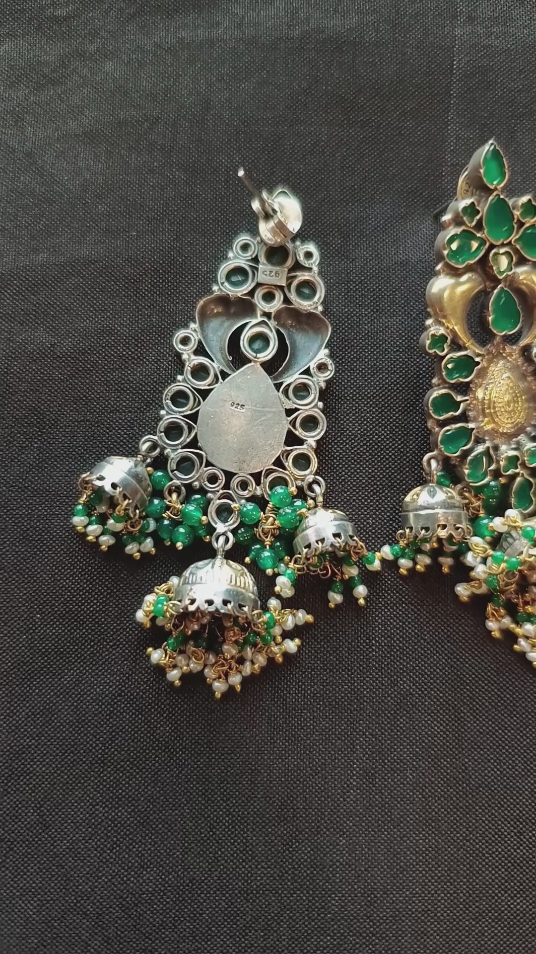 Fia Handcrafted Oxidised Pure Silver Green Earrings With Fresh Water Pearls
