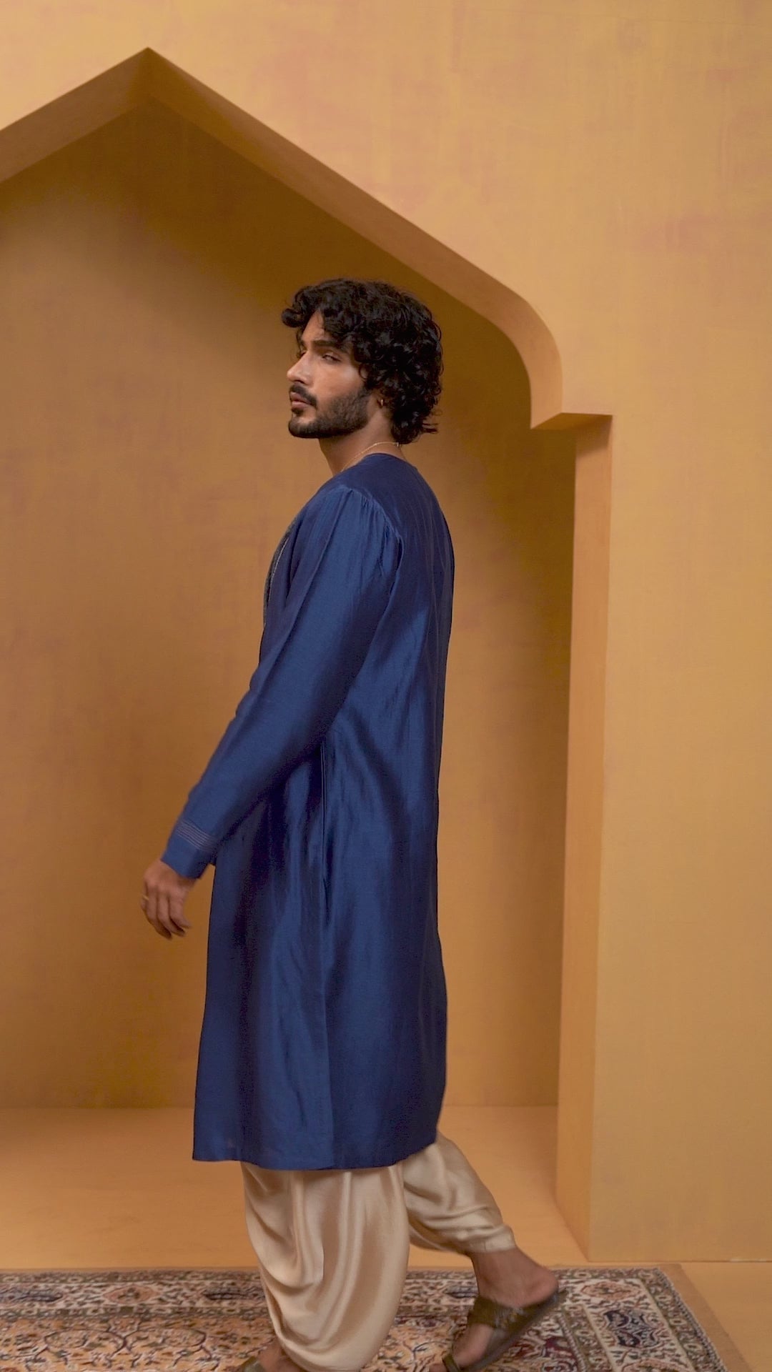 Blue Angrakha Kurta With Tagai Detailing And Gold Satin Dhoti