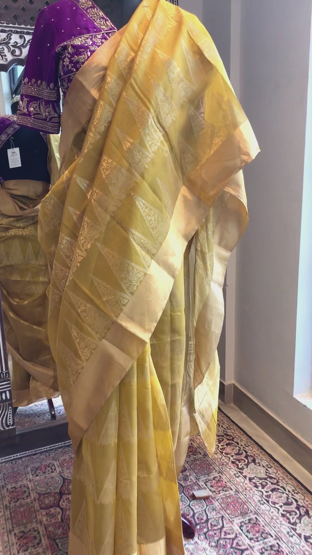 Mustard Handloom Pyramid Jaal Cotton Silk Chanderi Saree