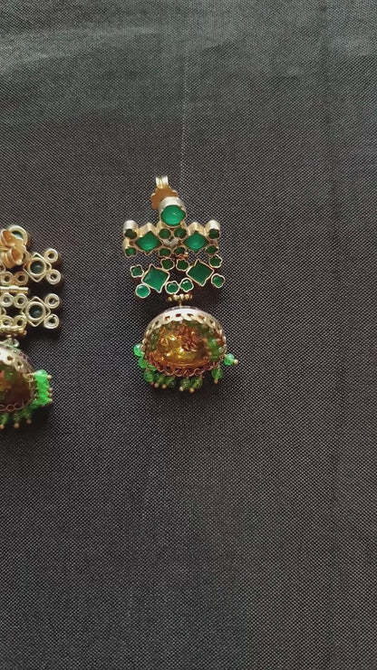 Shams Handcrafted Oxidised Pure Silver Earrings With Green Meenakari