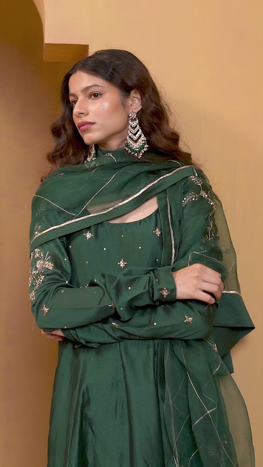 Green Chanderi Kurta Set With Tissue Nehru Jacket And Embroidered Buttons