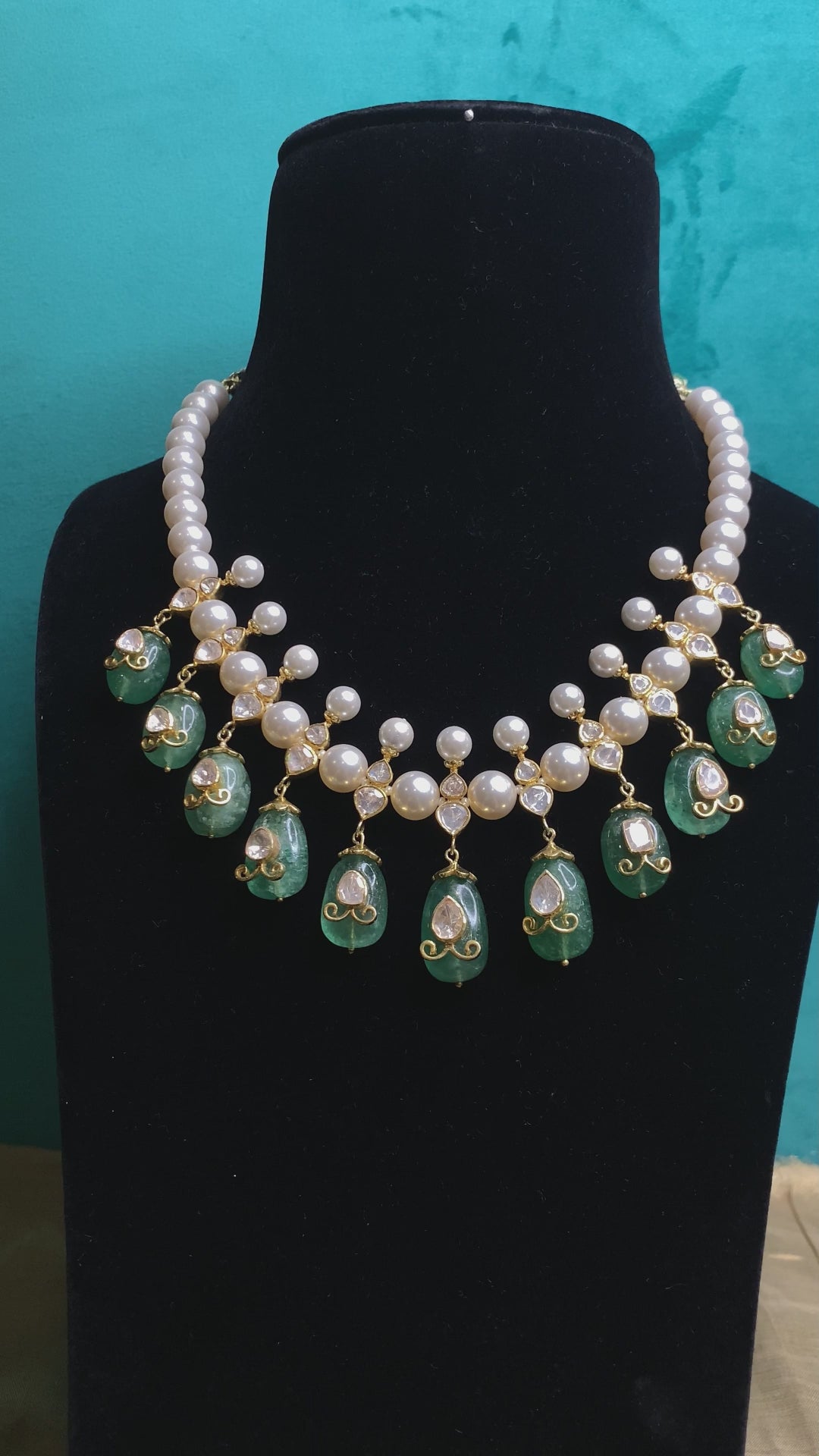 Amaanat Handcrafted Pure Silver Necklace Set With Emeralds