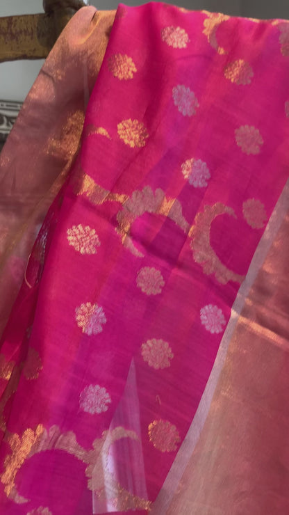 Pink Handloom Floral Jaal Rani Cotton Silk Chanderi Saree