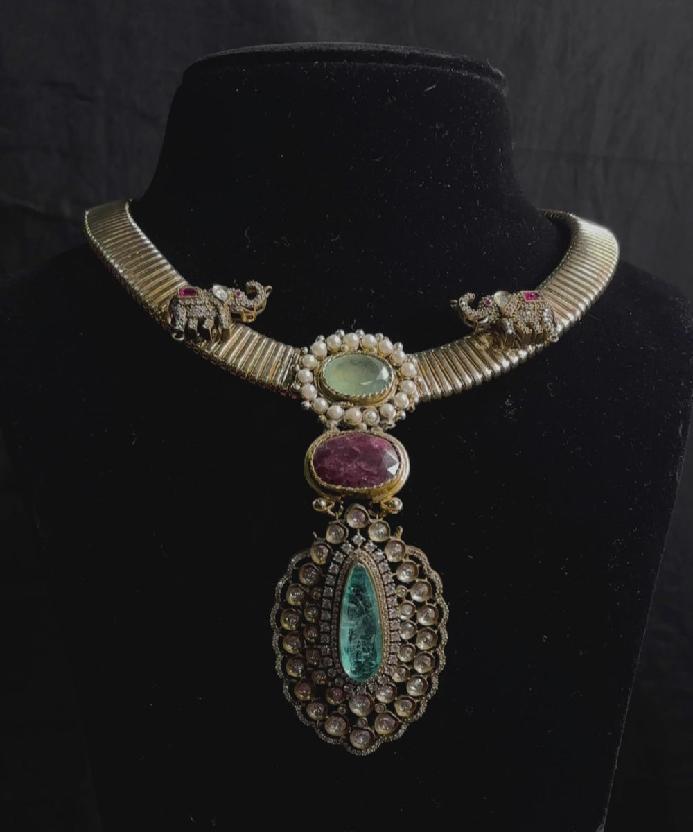 Kritika Handcrafted Necklace With Green And Red Semi Precious Stones And Elephant Motifs