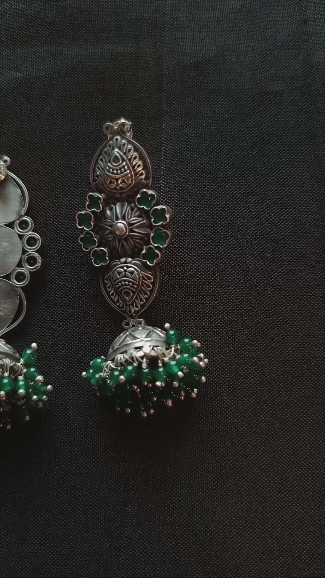 Panra Handcrafted Oxidised Pure Silver Green Jhumki