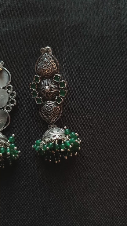 Panra Handcrafted Oxidised Pure Silver Green Jhumki