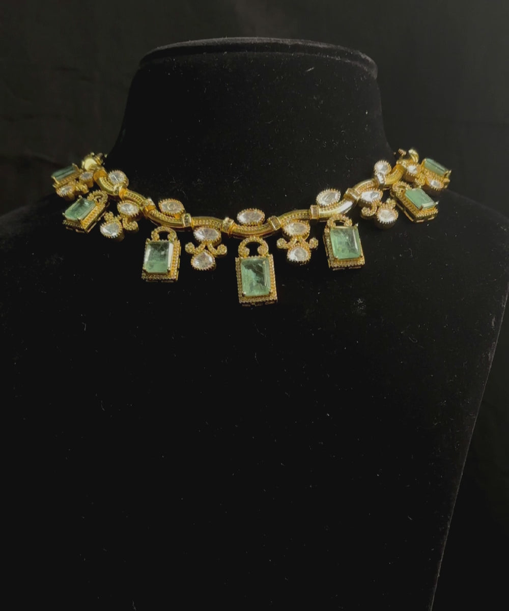 Lekha Handcrafted Necklace Set With Green Semi Precious Stone