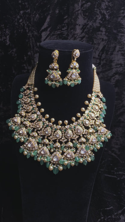 Aakarsha Handcrafted Pure Silver Moissanite Polki Necklace Set With Emeralds And Pearls