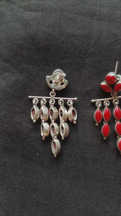 Meena Handcrafted Oxidised Pure Silver Coral Earrings