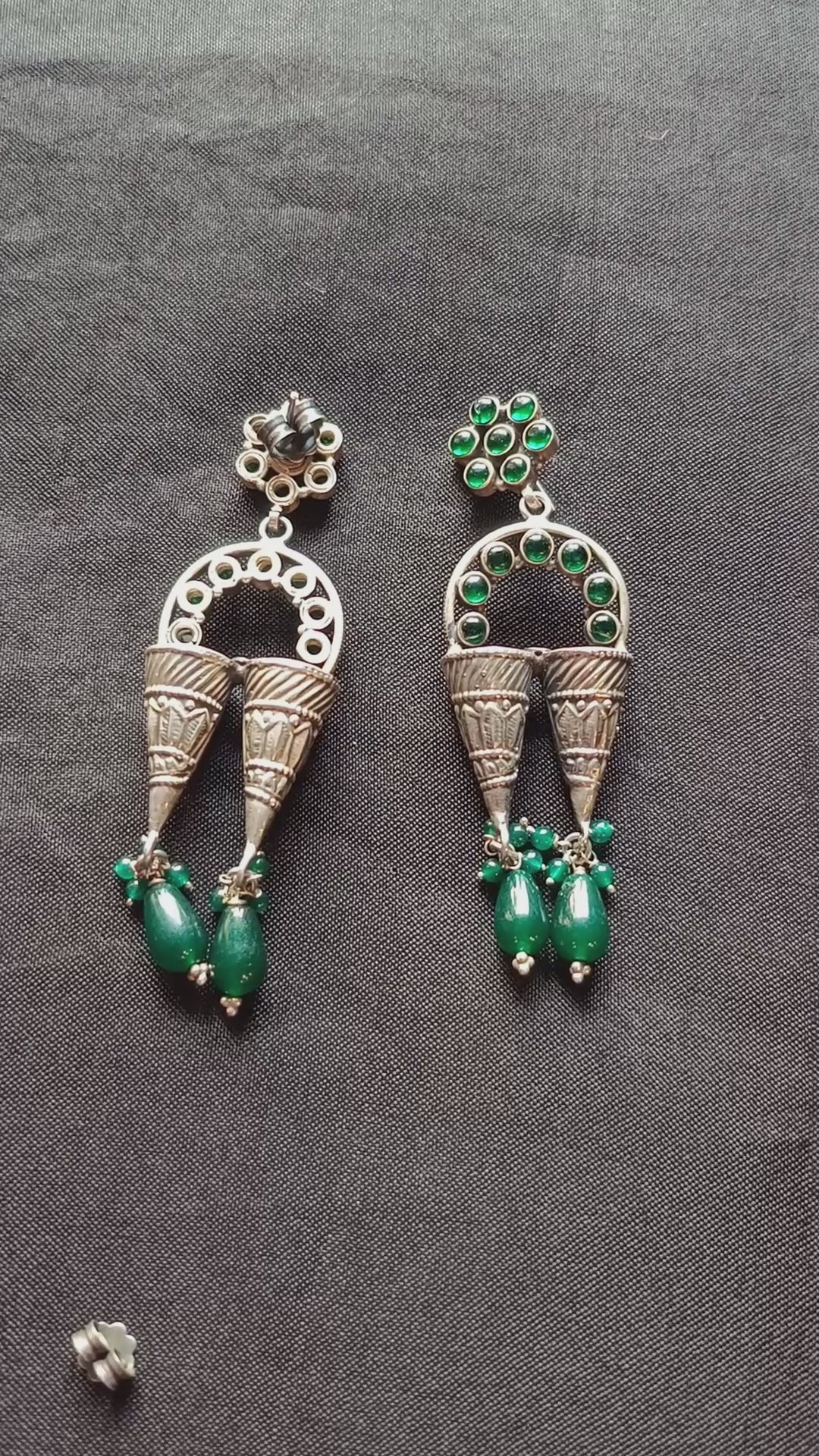 Shamila Handcrafted Oxidised Pure Silver Green Earrings