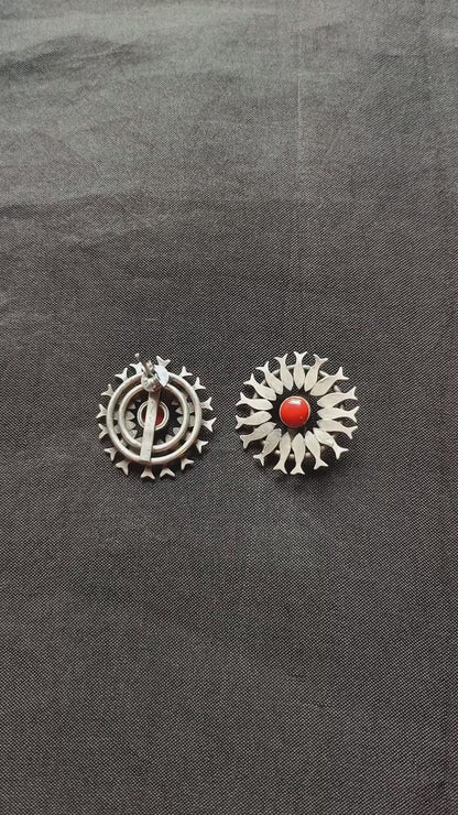 Mikhail Handcrafted Oxidised Pure Silver Coral Earrings