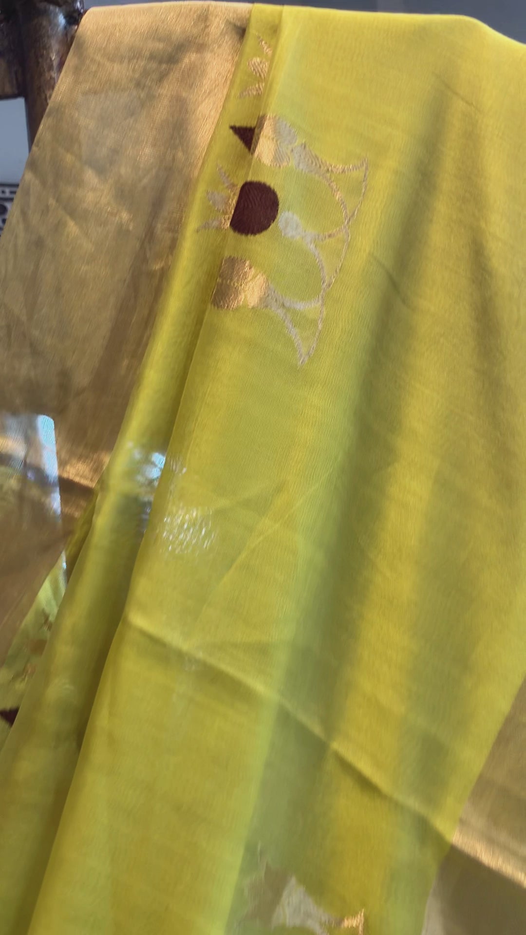 Elaichi Yellow Handloom Tilak Motif Cotton Silk Chanderi Saree