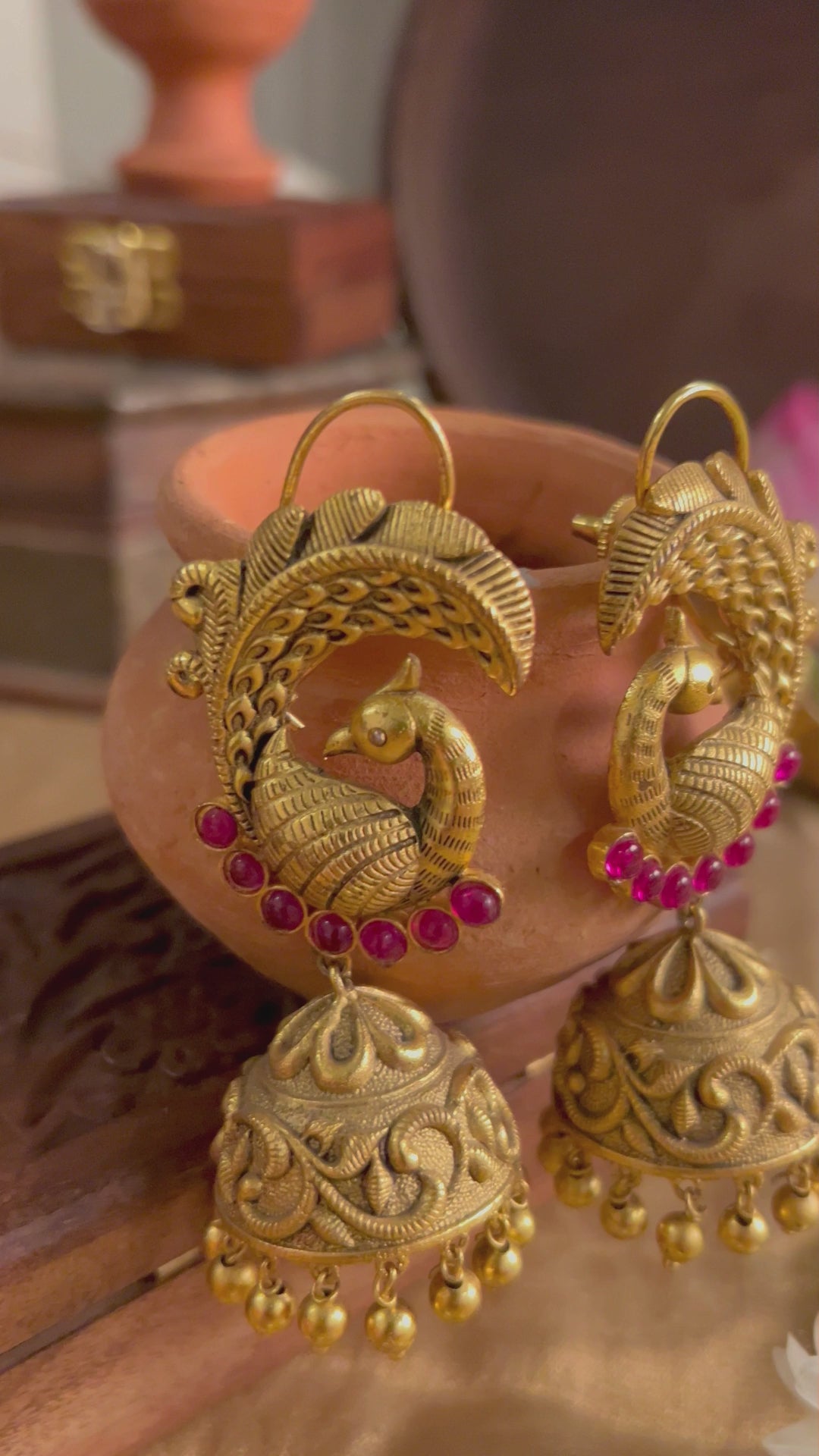 Selina Handcrafted Jhumkas With Pink Stones And Peacock Motif