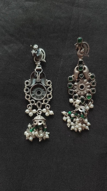 Memona Handcrafted Oxidised Pure Silver Green Earrings With Fresh Water Pearls