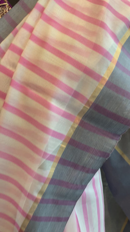 Pink &amp; White Handloom Striped Cotton Silk Chanderi Saree