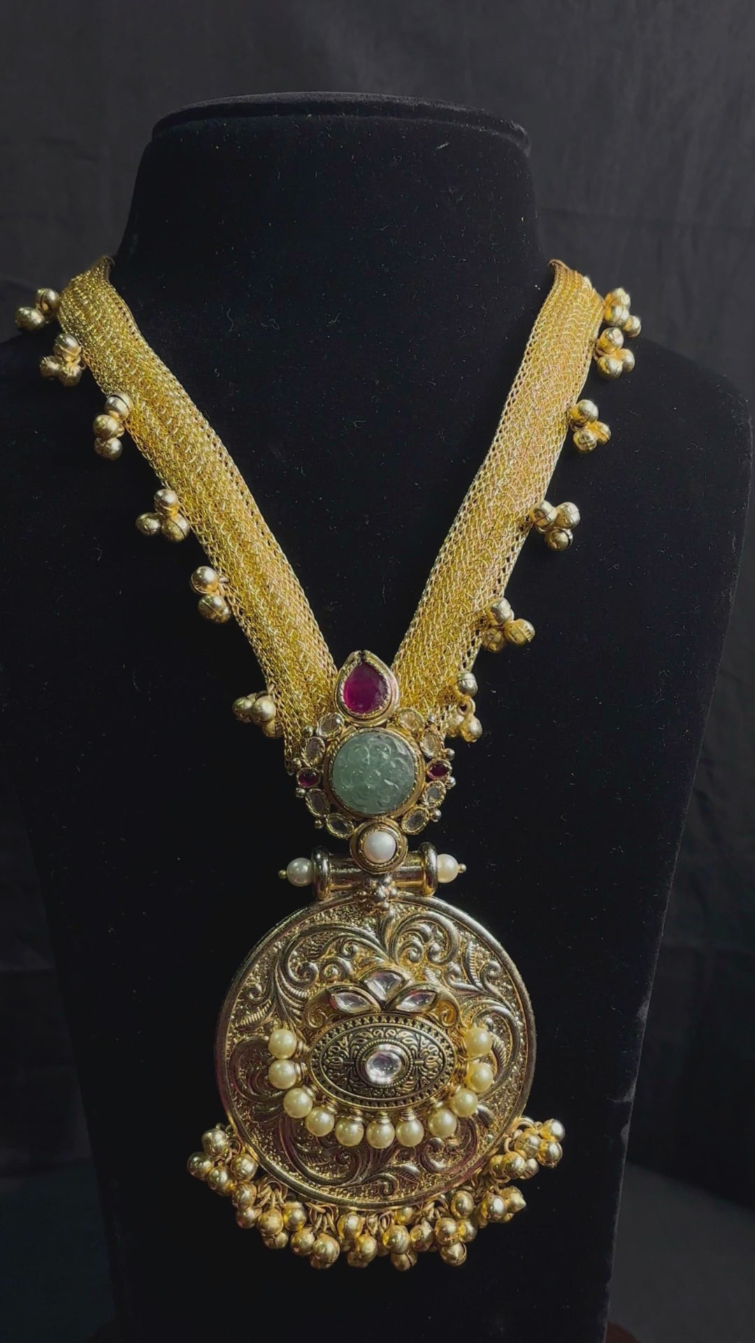 Anya Handcrafted Necklace Set With Green Stone And Ghughroo Pendant