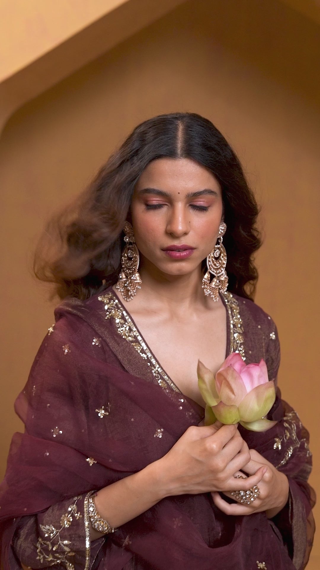 Dark Plum Hand Embroidered Cotton Tissue Angrakha Kurta With Striped Chanderi Pants And Organza Dupatta