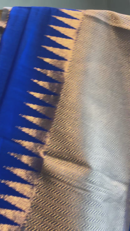Royal Blue Handloom Plain With Broad Temple Border Cotton Silk Chanderi Saree