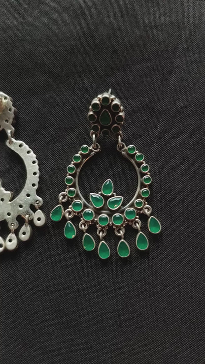 Purvi Handcrafted Green Oxidised Pure Silver Earrings