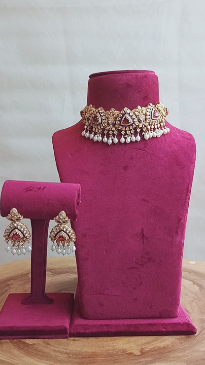 Tahira Handcrafted Pure Silver Choker Necklace Set With Semi Precious Stones