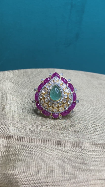 Ekam Handcrafted Pure Silver Ring With Ruby And Emerald