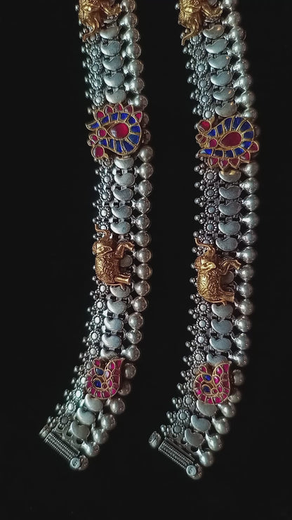 Kaysan Handcrafted Oxidised Pure Silver Anklets With Elephant And Peacock Motifs