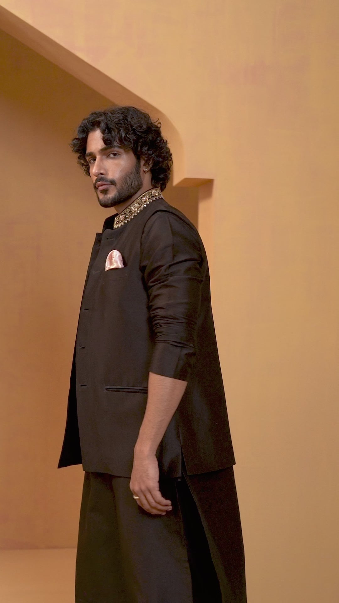 Black Chanderi Kurta With Salwar And Nehru Jacket With Hand Embroidered Collar