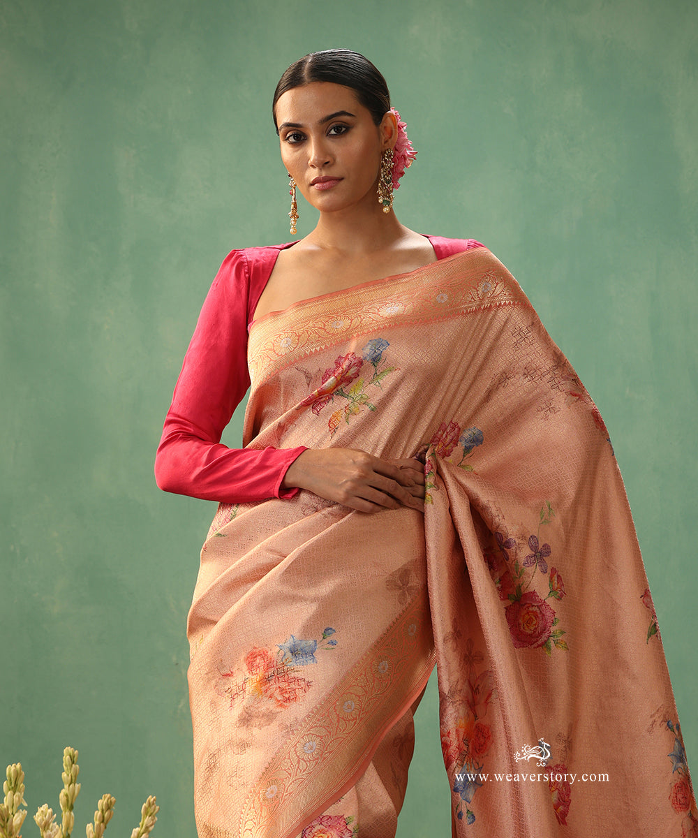 Handloom-Peach-Pure-Katan-Silk-Zari-Tanchoi-Banarasi-Saree-With-Floral-Digital-Print_WeaverStory_01