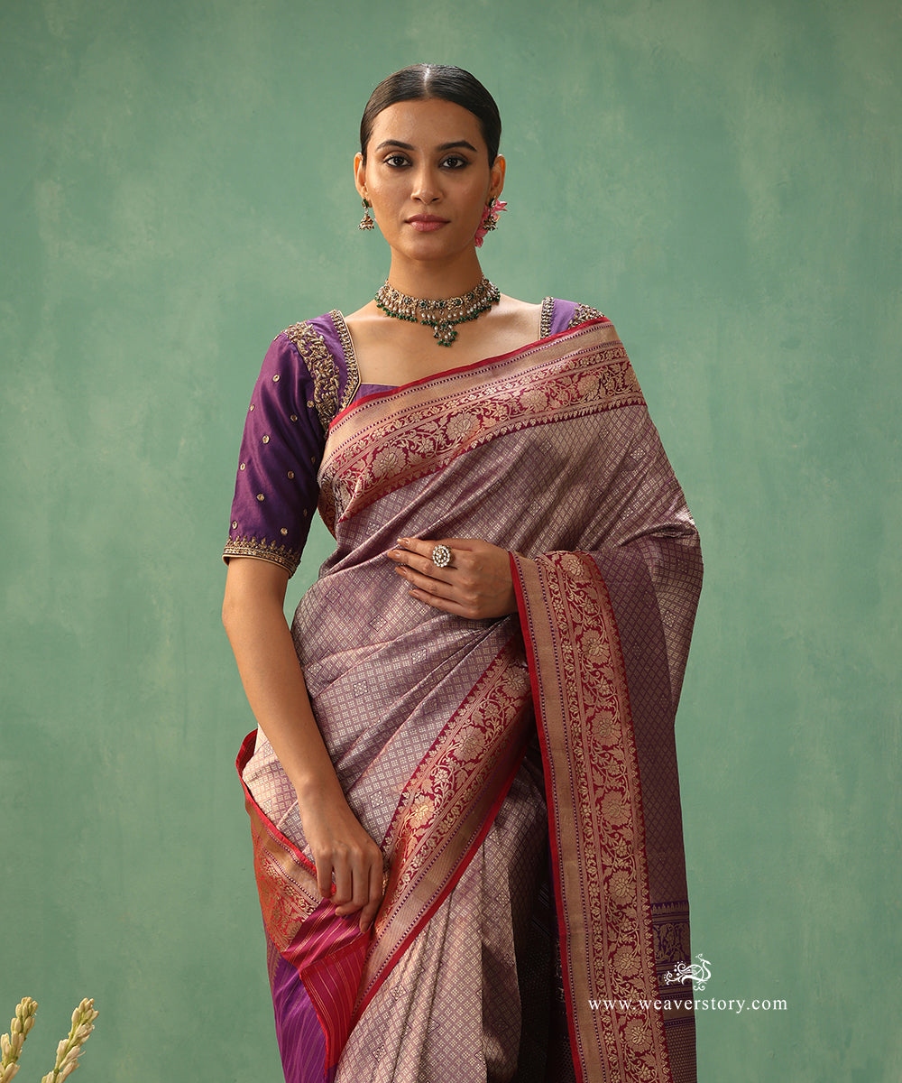 Purple-Handloom-Pure-Katan-Silk-Kimkhab-Banarasi-Saree-With-Pink-Border_WeaverStory_01